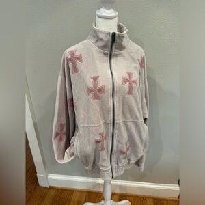 Unknown London grey velour zip up jacket with Rhinestone crosses